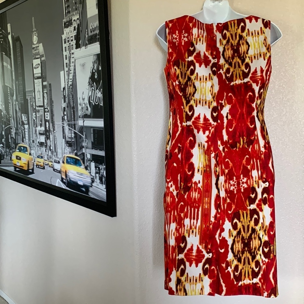 Jones New York dress Woman's, 4P Orange red print sheath, sleeveless, zip NWT - Picture 3 of 14